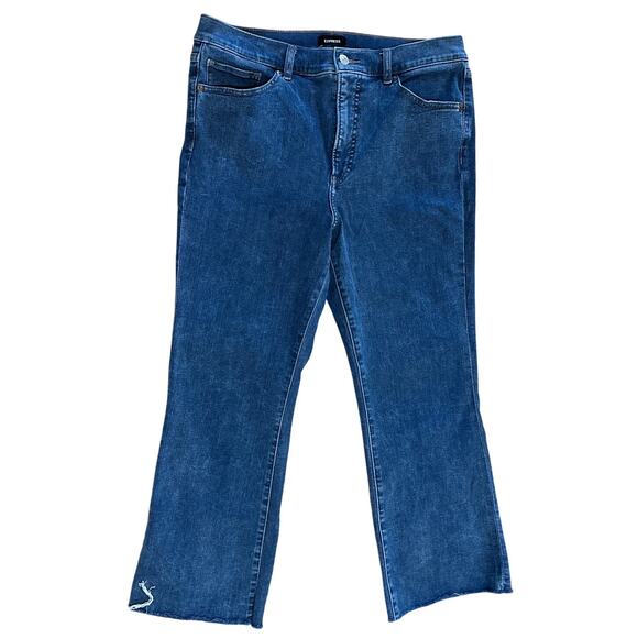 Express Cropped Flare Jeans Size 12 High Rise Raw Hem Blue Stretch Denim - Picture 1 of 9